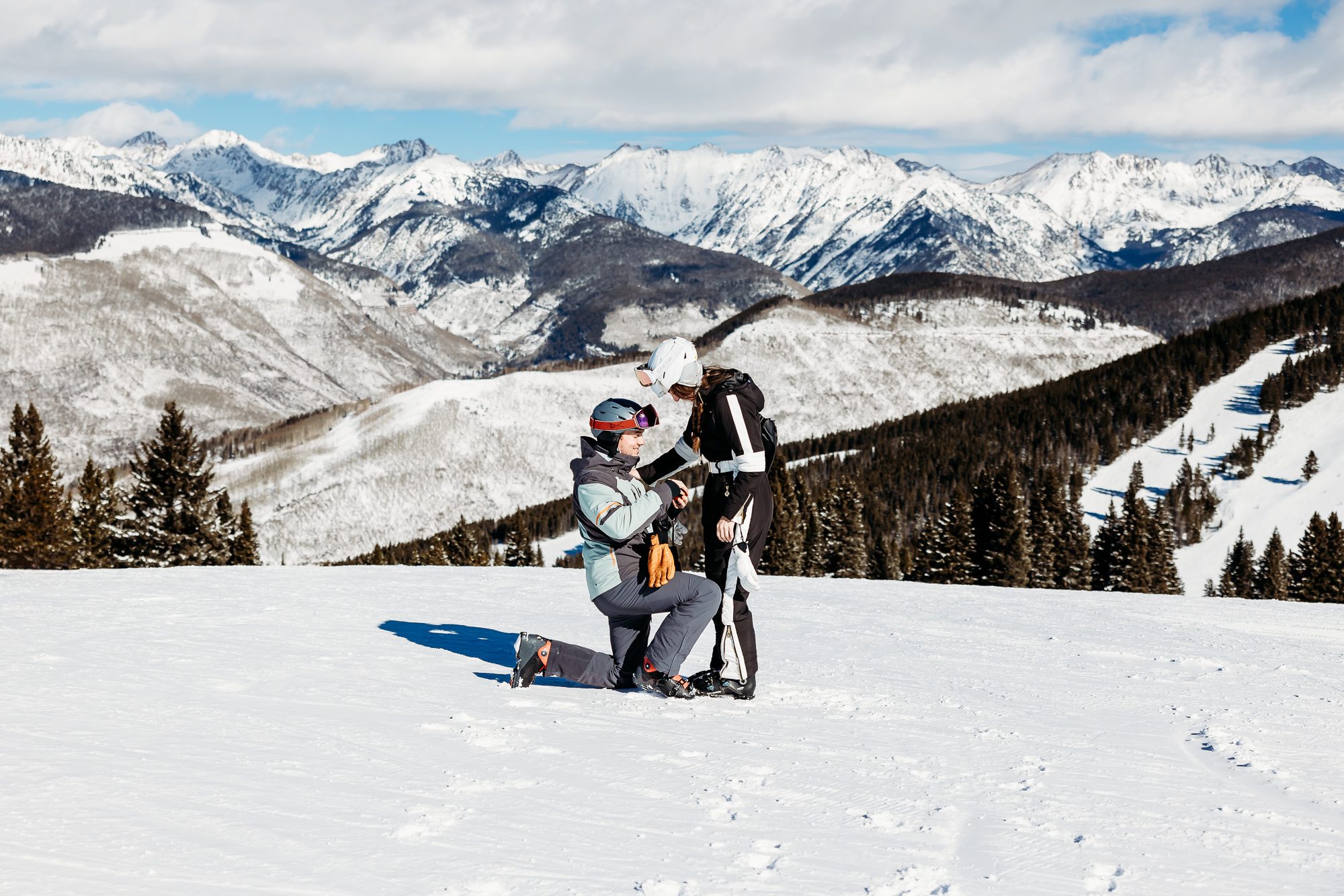 Skiing Surprise Proposal at the Top of Vail Mountain with Colorado Lifestyle Photography